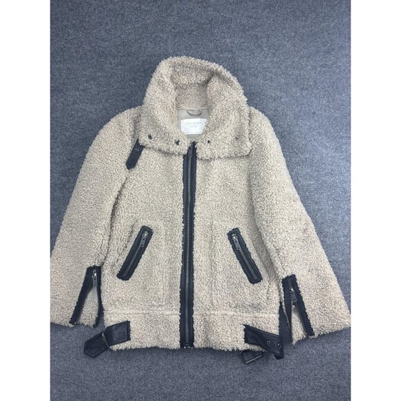 ZARA WOMAN Jackets & Blazers - Zara Woman Jacket Womens Small Beige Sherpa Teddy Fleece Biker Moto Zip Pockets